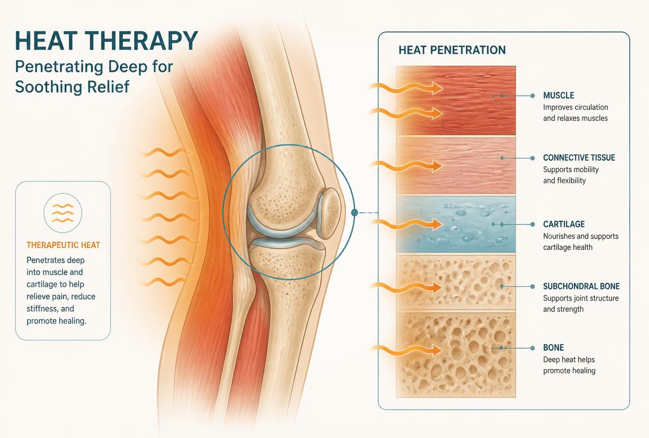 Diagram showing therapeutic heat penetrating muscle, connective tissue, cartilage and bone in the knee