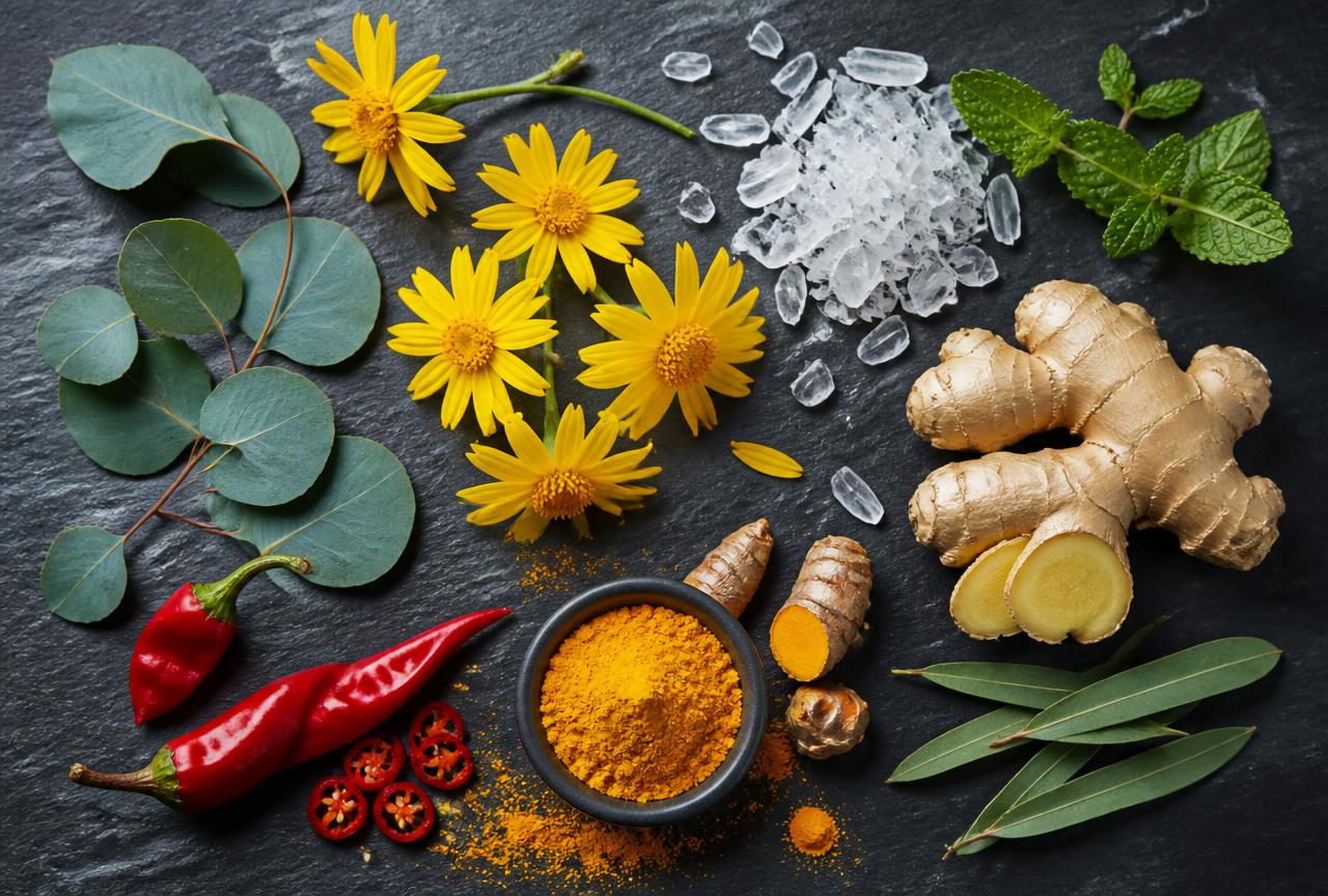 Arnica flowers, menthol crystals, eucalyptus, ginger, chilli and turmeric arranged on slate