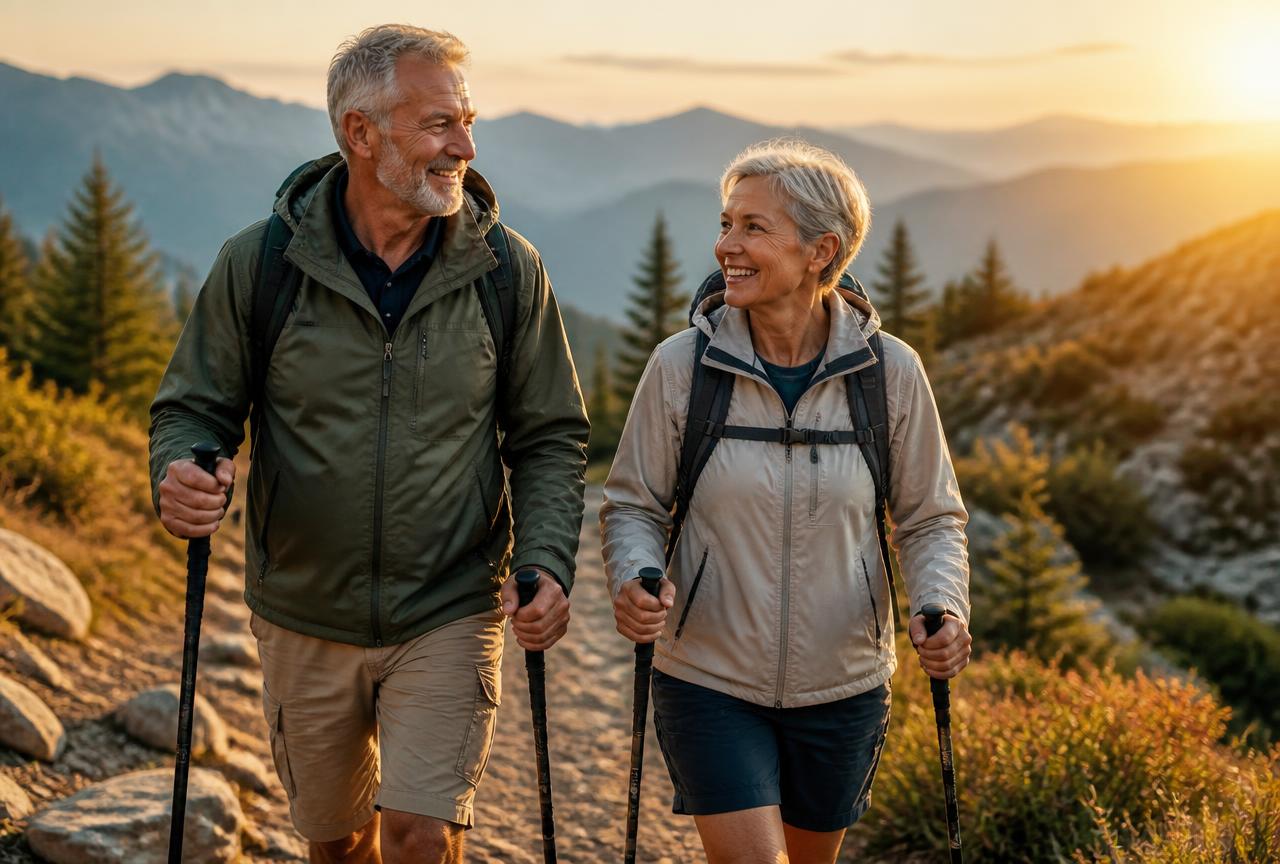 Active couple in their sixties hiking comfortably at sunrise